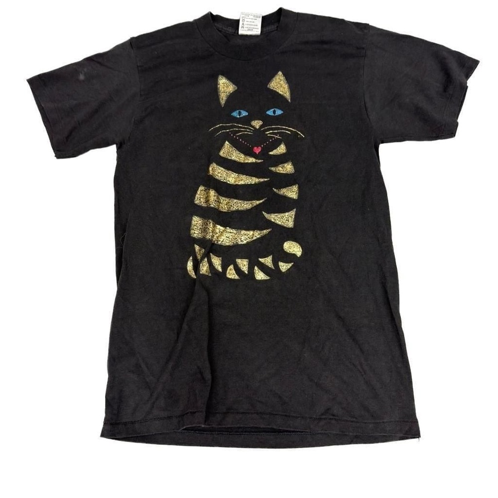 Vintage Oneita Black Cat Graphic T-Shirt Gold Glitter Made in USA Mens Large